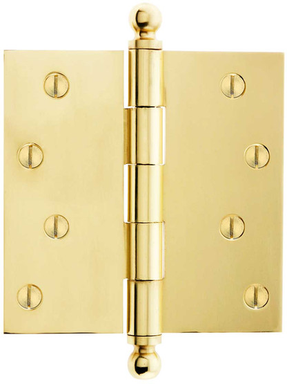 4 inch Solid Brass Door Hinge With Ball Finials in Polished Brass Finish.
